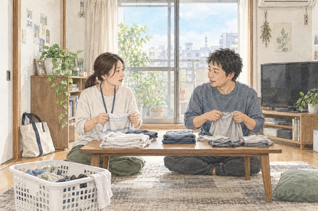 利用者の居間で、スタッフと利用者が低いテーブルを挟んで一緒に洗濯物をたたんでいる様子